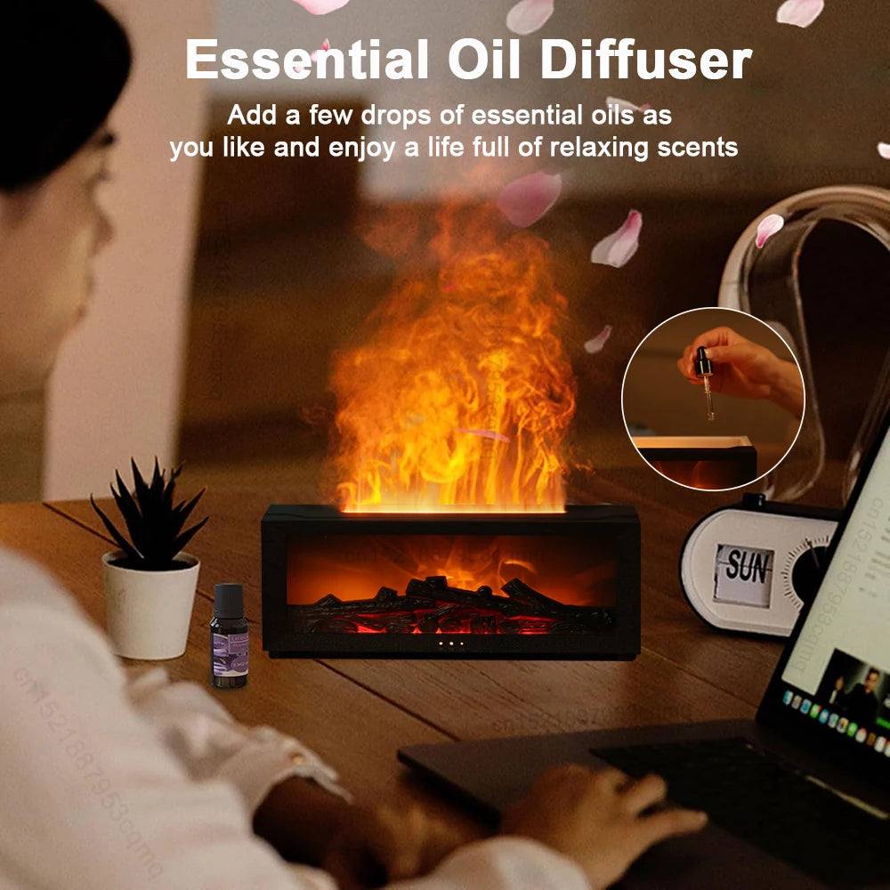 "Flame Aroma Humidifier – LED, Remote-Controlled Essential Oil Diffuser.