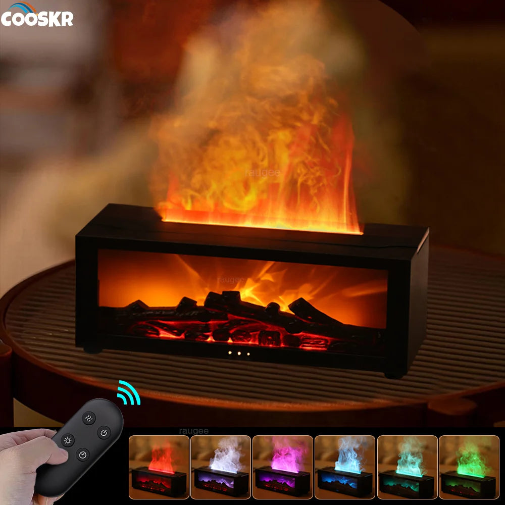 "Flame Aroma Humidifier – LED, Remote-Controlled Essential Oil Diffuser.